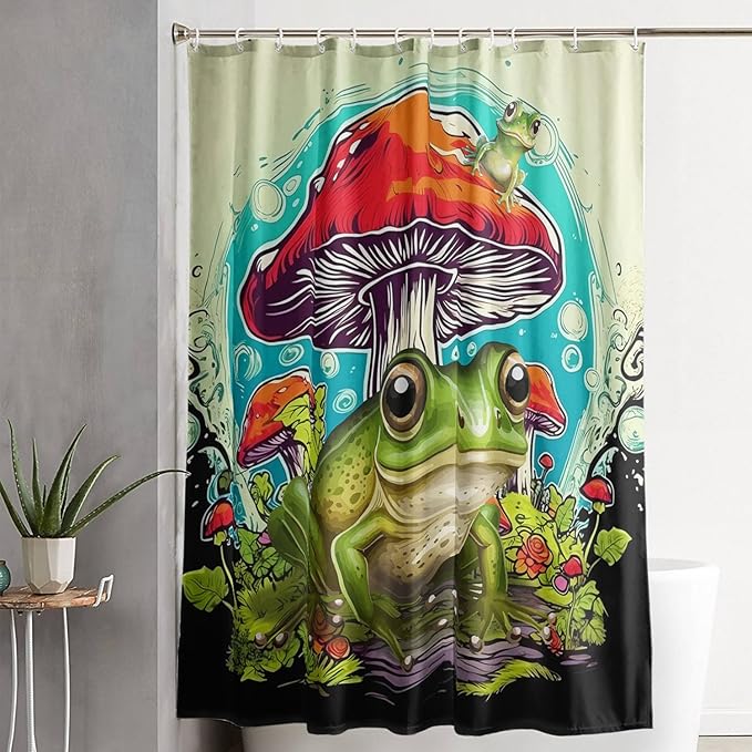 AILONEN Frog Mushroom Shower Curtain,Green Frog Waterproof Fabric Bath Curtain for Kids Girls Boys,Cartoon Animal Wildlife Red Mushroom Shower Curtain Set for Bathroom with Hooks,60" W*72" H