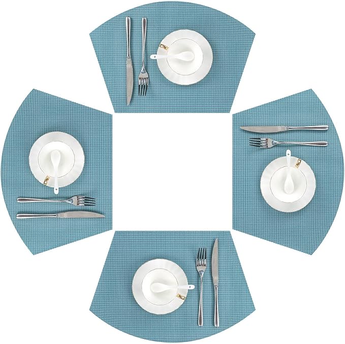 SHACOS Round Table Placemats Set of 4 Small Wedge Placemat Wipe Clean Heat Resistant Woven Vinyl Round Table Mats (4, Gray Blue)