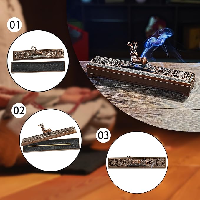 Windproof Copper Incense Holder - Chinese Style for Sticks up to 5.5 Inches, Perfect for Home Altar, Yoga Studio, Temple & Meditation,Deer-2