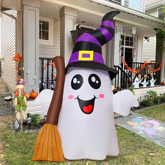 GOOSH 6.2 FT Halloween Inflatables Ghost Outdoor Decorations Blow Up Yard Cute Ghost Holding Broom with Built-in LEDs for Garden Lawn Indoor Party Decor