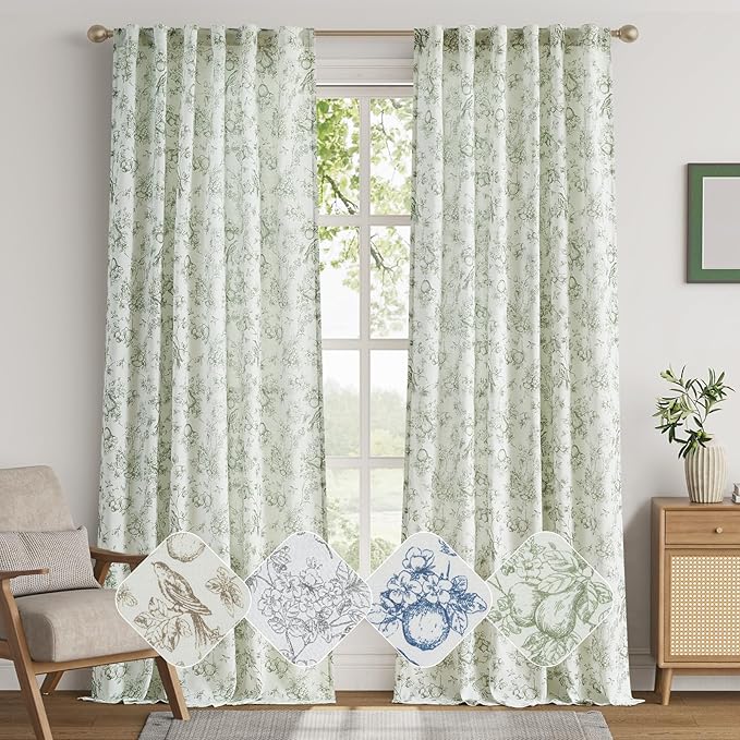 jinchan Linen Floral Curtains for Living Room 96 Inch Long Sage Green Printed Flower French Country Curtain Farmhouse Cottage Core Toile Curtains Back Tab Light Filtering Window Drapes Set 2 Panels