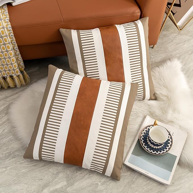 Set of 2 Farmhouse Striped Pillow Cover 22x22 for Living Room Bedroom Square Decorative Pillow Case for Sofa Couch Bed,Modern Faux Leather Accent Cushion Cover Boho Home Decor