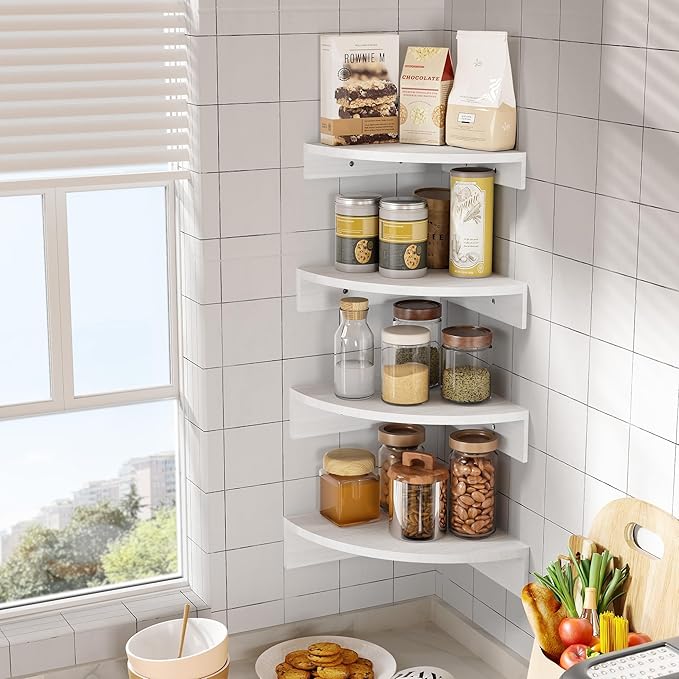 Alsonerbay White Corner Shelf Wall Mount, Set of 4 Floating Shelves for Storage and Display, Large Wooden Shelves for Bedroom, Living Room, Bathroom, Entryway, Garage