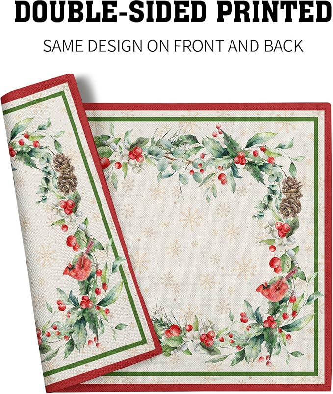 Winter Holly Branches Placemats Set of 4, Xmas Red Birds Pine Cone Dining Table Place Mats Linen Fabric Desk Top 12 x 18 Inch for Seasonal Holiday Home Kitchen Decor