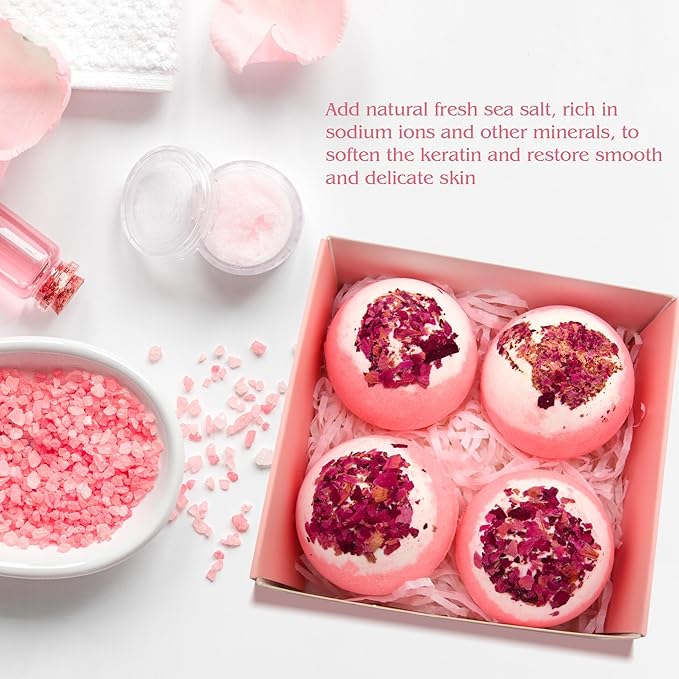 Dried Flower Bath Bombs Salt Balls,4 Pack Gift Set,Rose Extract Essential Oils,Moisturizing Dry Skin,Fizzy Spa,Relaxation,Self Care,Relaxing,Bubble Bath Bomb Gifts Idea for Men Women