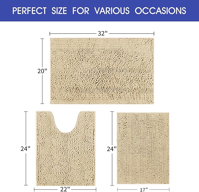 ACCUMTEK Striped Beige Bathroom Rug Set 3 Pieces Ultra Soft, Non Slip Chenille Toilet Mat, Absorbent Plush Shaggy Bath Mats for Bathroom, Bedroom, Kitchen