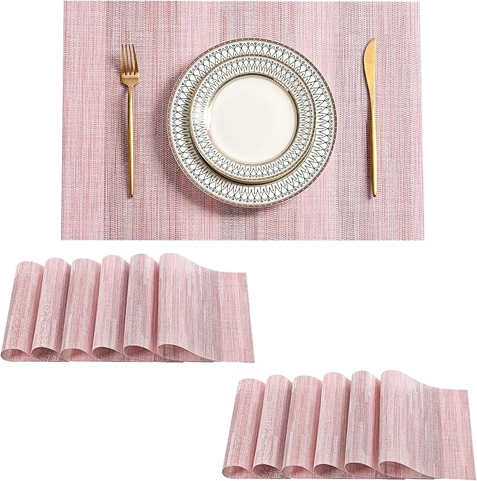Leetaltree Misty Rose Placemats Set of 12 - Heat Resistant Non-Slip Place mats for Dining Table, Washable Durable PVC Vinyl Woven Table Mats(Misty Rose, 12)