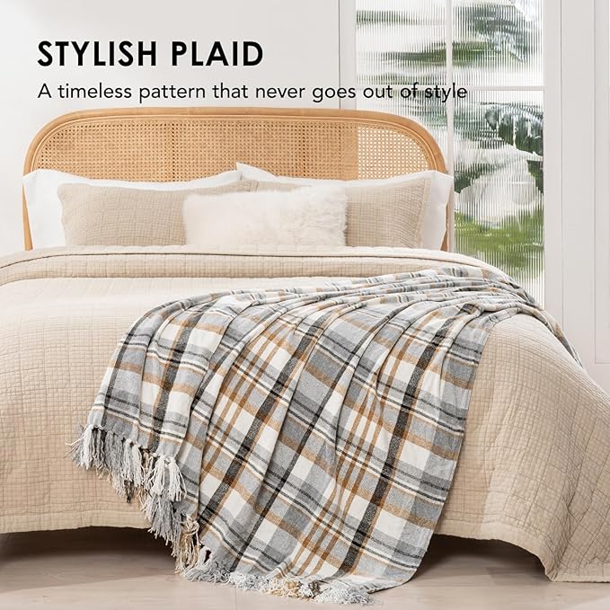 EVERGRACE Plaid Chenille Throw Blanket for Couch, Super Soft Cozy Decorative Farmhouse Plaid Throw with Tassels, Lightweight Chenille Knit Throw for Bed Sofa Gift Home Decor, Grey & Beige 50"x60"