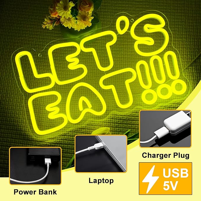 Let's Eat Neon Sign,Dimmable Anime Cartoon Neon Signs for Wall Decor,USB Game Neon Light for Man Cave Kids Room Bedroom Bar Birthday Gifts(15.7 * 9.6in)