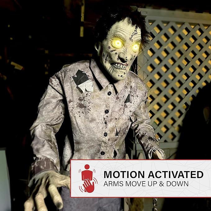 Haunted Hill Farm Motion-Activated 6-Ft. Tall Guard Zombie, Plug-in Scare Prop Animatronic with Spooky Sound Effects and Lights for Indoor or Covered Outdoor Creepy Halloween Decoration