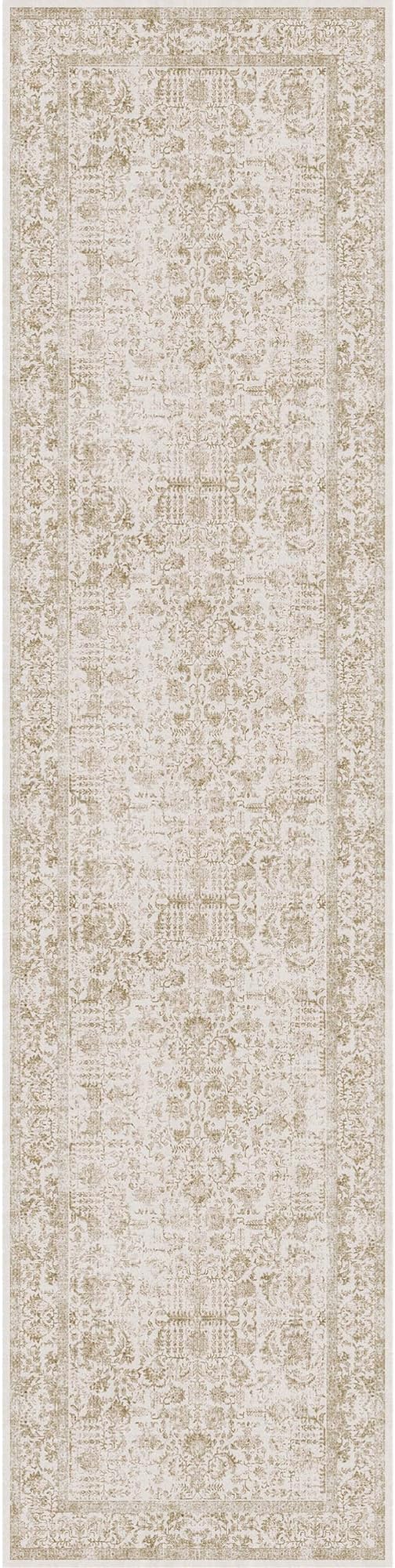 Light Brown Runner Rug 3x12 Hallway Machine Washable Kitchen Vintage Distressed Non Slip Long Carpet Indoor Retro Floral Bedroom Accent Throw Rug for Bathroom Office Laundry Dining Room