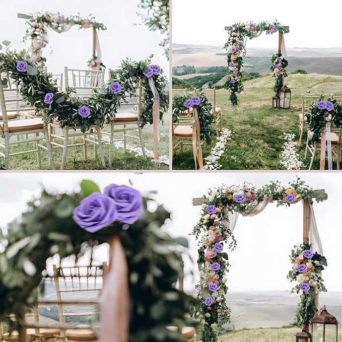 50PCS Artificial Flowers Purple Roses Real Looking Foam Fake Roses with Leaves and for DIY Wedding Bouquets Bridal Shower Centerpieces Party Decorations (Purple, 50)