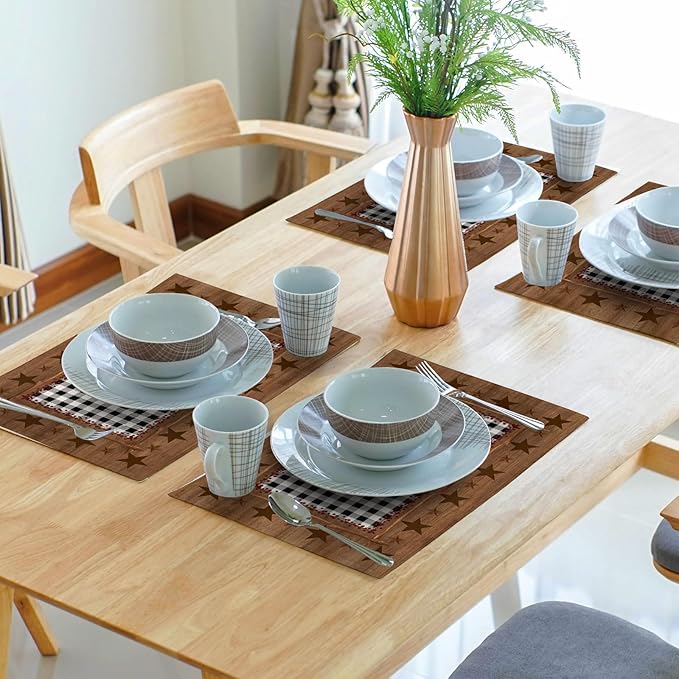 Western Texas Star Placemats for Dining Table Set of 4,Buffalo Plaid Country Wooden Plank Table Mats 18 x12 Inch Non-Slip Dining Table Place Mats for Party Kitchen Indoor Decor