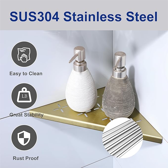 10" Corner Shower Shelf, 2-Pack Shower Shelves SUS304 Stainless Steel Bathroom Shelves for Tile Walls, Recessed Corner Shelf Organizer Rack, No Drilling (Brushed Gold)