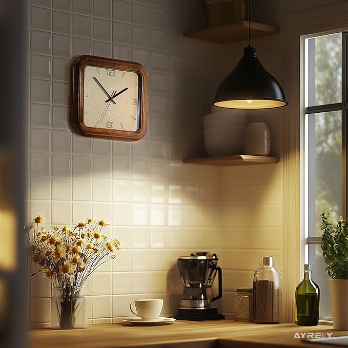 AYRELY® Rectangular Wooden Wall Clock – 16 Inch Large Vintage Wall Clock with Solid Elm Wood Frame, Metal Dial – Decorative Battery Operated Clock for Living Room, Kitchen, Office