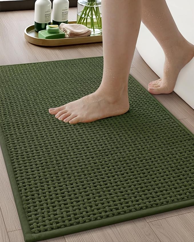 Color&Geometry Chenille Pile Large Bathroom Rugs Upgraded Denser, 24"x36" Non Slip Absorbent Green Bath Mats for Bathroom Thin Fit Under Door, Washable Quick Dry