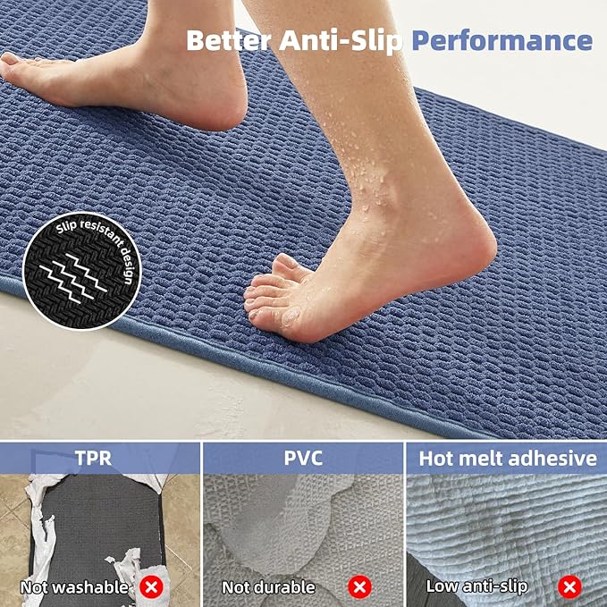 Bathroom Rugs Non Slip Washable, Super Absorbent Thin Bath Mat Quick Dry Low Pile Bathroom Rug, Denim Blue 24"x36"