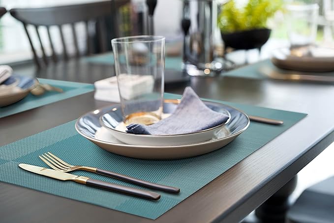 More Décor Dining Table Placemats, Washable Heat-Resistant PVC Vinyl Table Mats for Dining Room and Kitchen, Anti-Slip - Set of 6 -Sky Blue