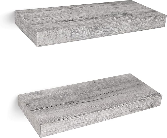 Floating Wall Shelves, 16” Hanging Shelf Set for Living Room, Office, Kitchen, Bathroom &, Perfect Home Room Wall Decor, Rustic Pattern Designed – (Rustic Whitewash 16")
