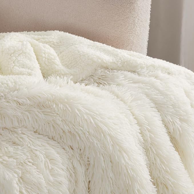 Bedsure Fuzzy Sherpa Faux Fur Twin Blanket Cream Cozy Gifts for Women Men, Soft Fleece Plush Warm Minky Thick Blanket Twin Size for Bed, Couch, Room Decor Dorm Essentials Cream Decor Gifts, 60x80