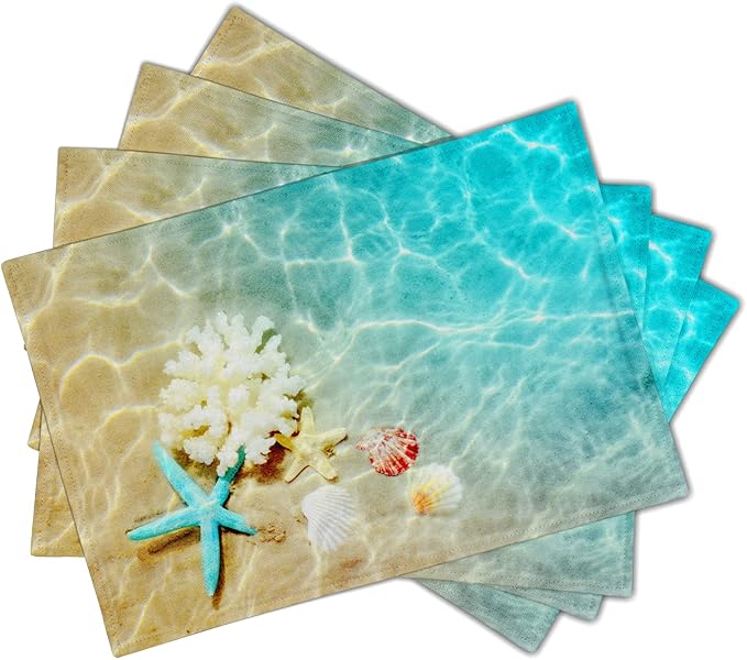 Giwawa Ocean Starfish Placemats Set of 4, Nautical Seashell Coral Coastal Linen Table Place Mats for Kitchen Dining Summer Aquatic Life Decoration, Non-Slip Heat-Resistant Washable, 12" x 18"