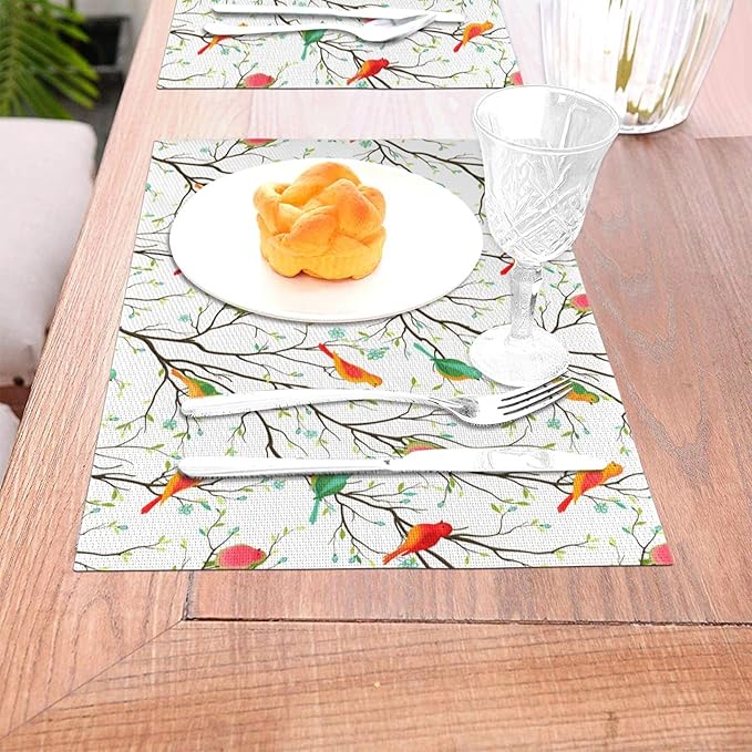 Birds on Tree Placemats Set of 4 Linen Decorative Table Mat for Dining Table Kitchen Farmhouse Outdoor Spring Summer Home Decor 12"x18" Cute Birds Place Mats