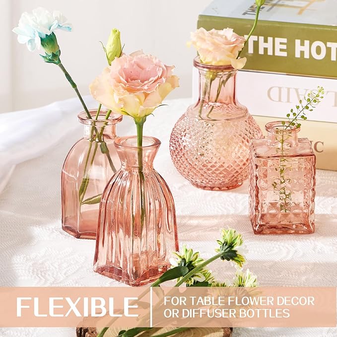 24PCS Mini Bud Vases As Wedding Centerpieces for Tables,Clear Bud Vases for Flowers,Small Flower Vases Suitable for Birthday Party,Anniversary,Wedding Reception,Baby Shower (Pink, 24PCS)