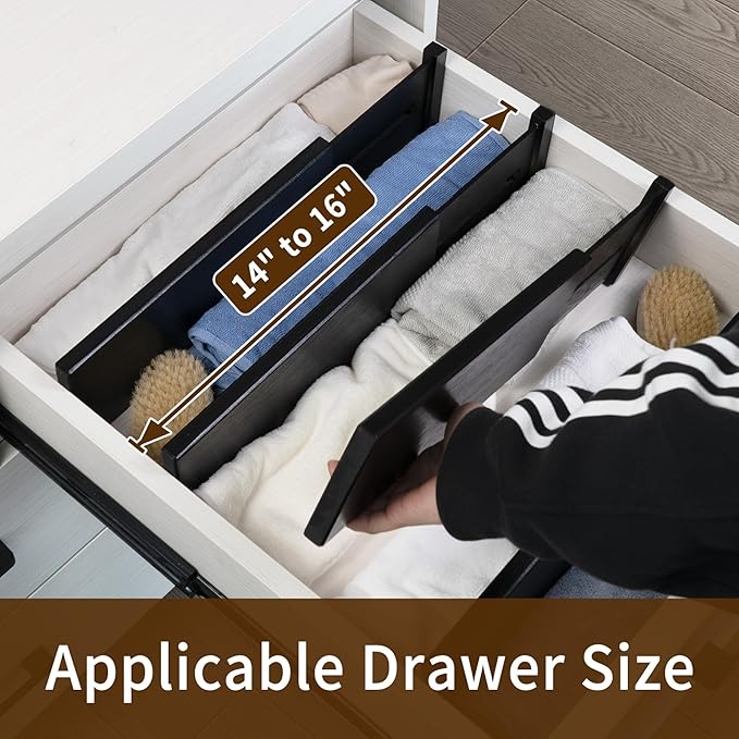 Utoplike Bamboo Dresser Drawer Dividers, 4'' High Adjustable Drawer Organizers for Clothing, Spring Loaded, Works in Kitchen, Bathroom, Bedroom, Desk, 4 PCS, Black