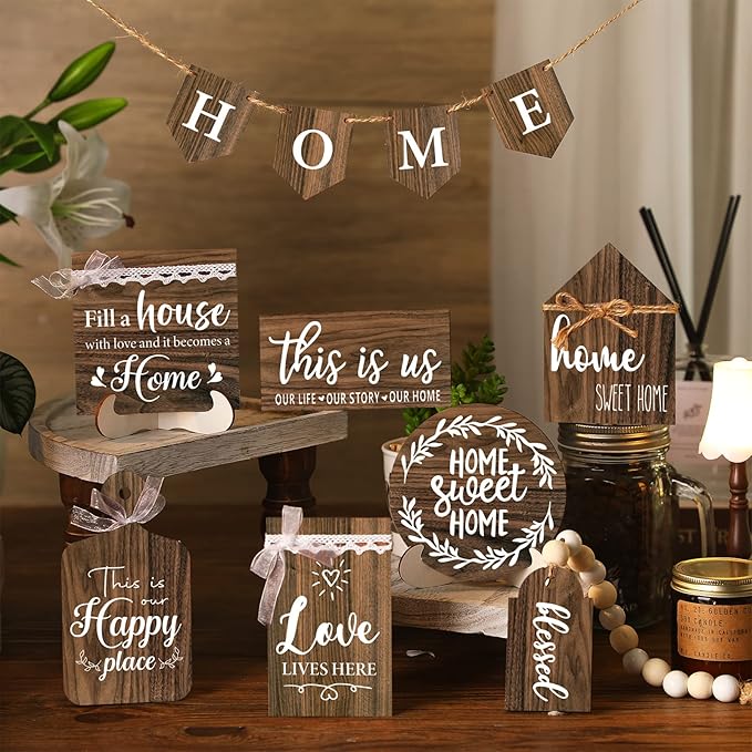 Set of 11 Farmhouse Tiered Tray Decor Rustic Home Tiered Tray Decorations Set Home Wooden Signs Farmhouse Tabletop Wood Signs for Kitchen Table Shelf Decor