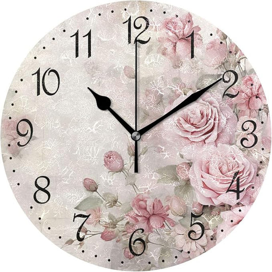 ALAZA Wall Clock Vintage Pink Roses Silent Non-Ticking Decorative Wall Clocks Battery Operated 10 Inch for Home Living Room Kitchen Bathroom Bedroom