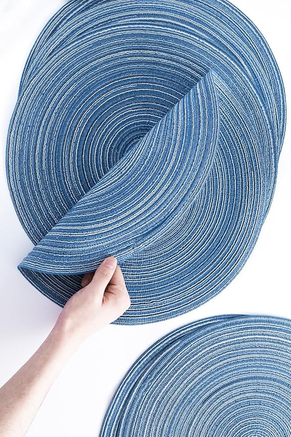 Floroom 15 Inch Round Braided Placemats Set of 6, Washable Heat Resistant Cotton Polyester Circle Place Mats for Kitchen Dining Table - Seascape Blue