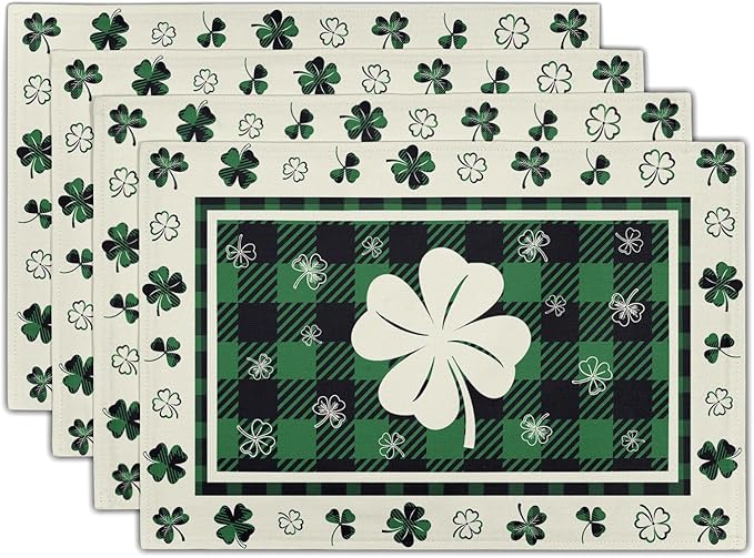 Giwawa Lucky Clover Placemats Set of 4 for Kitchen Dining, St Patricks Day Shamrocks Buffalo Plaids Washable Linen Place Table Mat 12x18 Inches for Tabletop Holiday Party Picnic Decor