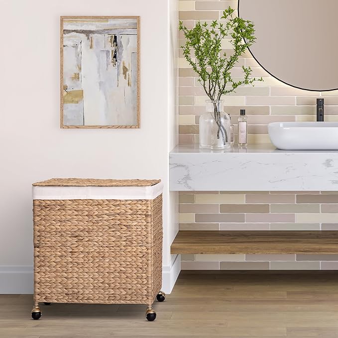 Seville Classics Premium Natural Handwoven Portable Laundry Bin Basket with Carrying Handles, Household Storage for Clothes, Linens, Sheets, Toys, Rattan, 3-Piece Hamper Set
