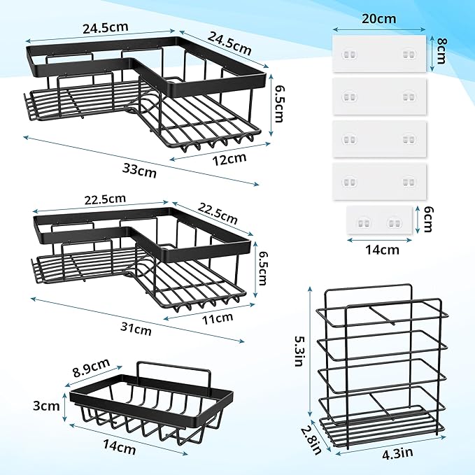 Corner Shower Caddy, 4 Pack Bathroom Organizer with Soap Holder, Brush Holder and 12 Hooks - Rustproof Stainless Steel Shower Shelves - No Drilling Wall Mounted Rack (4 Pack)