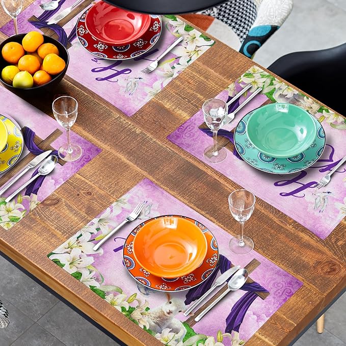 Giwawa He is Risen Placemats, Easter Cross Lamb Linen Washable Place Mat, Spring Lily Flowers Heat Resistant Table Mats for Kitchen Dining Holiday Party Decor, Set of 4, 12x18 Inch