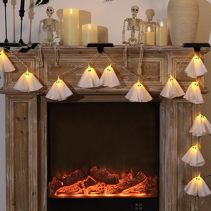 Halloween Decoration-Light Up Ghost Garland-Handmade LED Ghost String Lights Banner for Home Party Fireplace Mantle Windows Decor