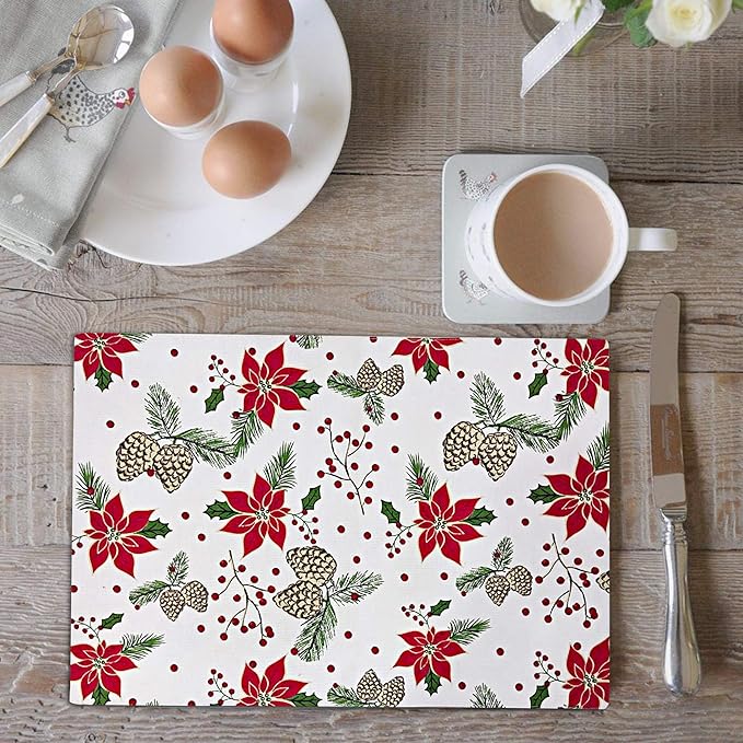 Urban Villa ChristmasPlacemats Pine Cone Print 100% Cotton Fused Placemats 14''x 20'' Over Sized Set of 6 Every Day Use Heavier QualityPlacemats