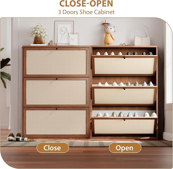 AVZEAR Narrow Shoe Storage Cabinet for Entryway with Natural Linen Panel, Freestanding Slim Shoe Cabinet with 3 Flip Drawers, Wood Shoe Organizer Closed Shoe Rack for Hallway, Living Room(Walnut)