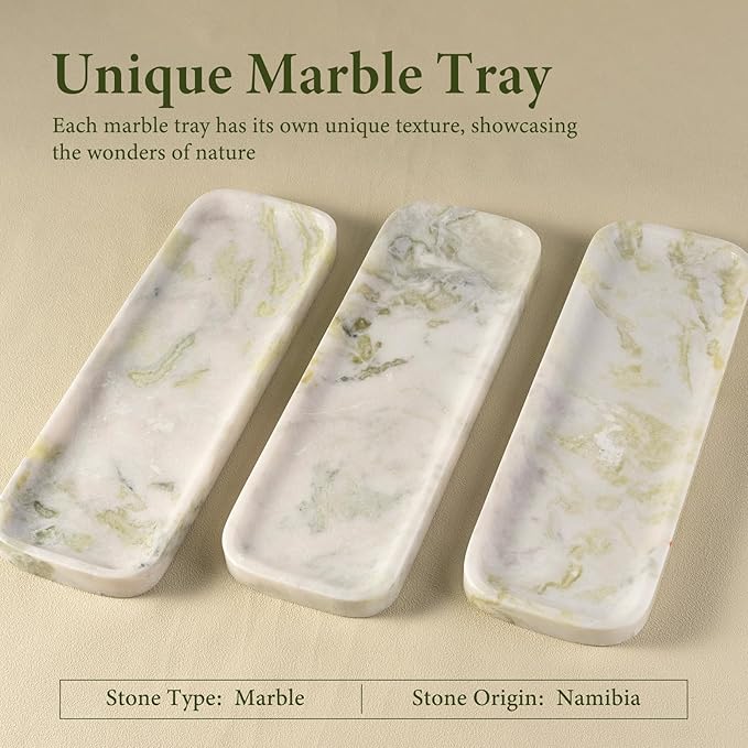 Koville Marble Tray for Bathroom Sink, 12"x4" Natural Stone Vanity Tray for Kitchen Dresser Countertop, Rectangular Decorative Marble Trays for Jewelry Perfume Trinket(Bianco Palomino)