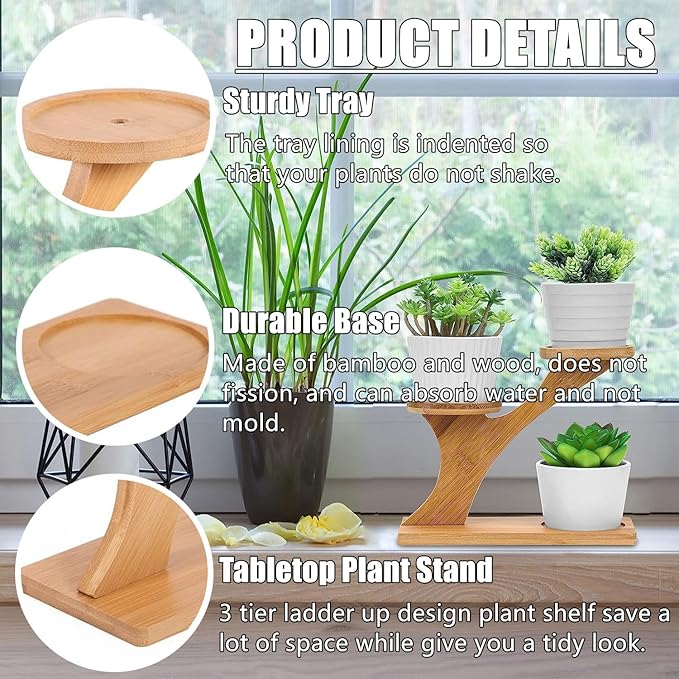 RHBLME 2 Sets Wooden Plant Stands, Bamboo Wood Plant Stands Indoor 3 Tier Succulent Plant Stand, Small Plant Stand Tabletop Plant Holder for Outdoor, Home, Office