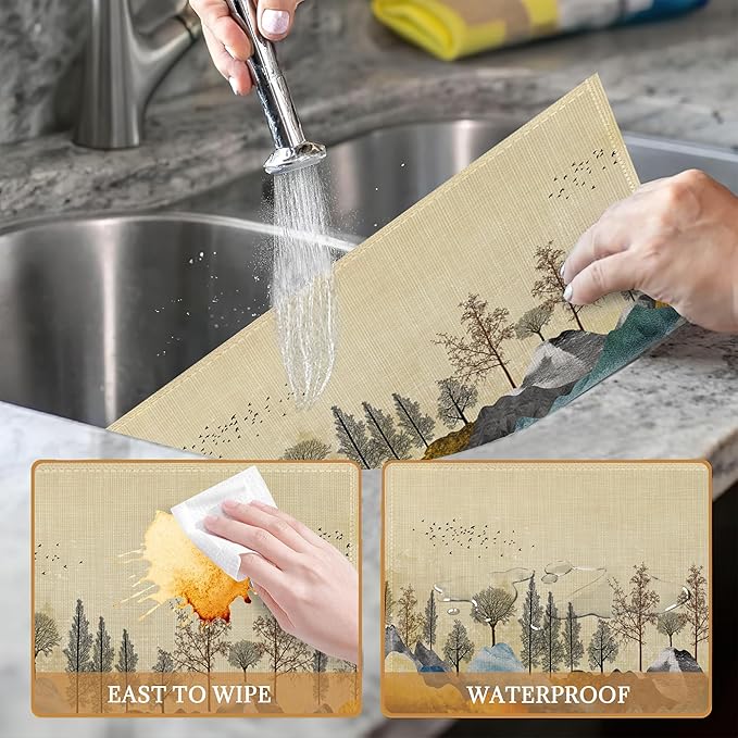 Trees with Mountains Placemats Set of 6 Washable Table Mats for Kitchen Dining Table,Heat-Resistant Place Mats for Indoor Outdoor Party Holiday Decoration(Landscape)