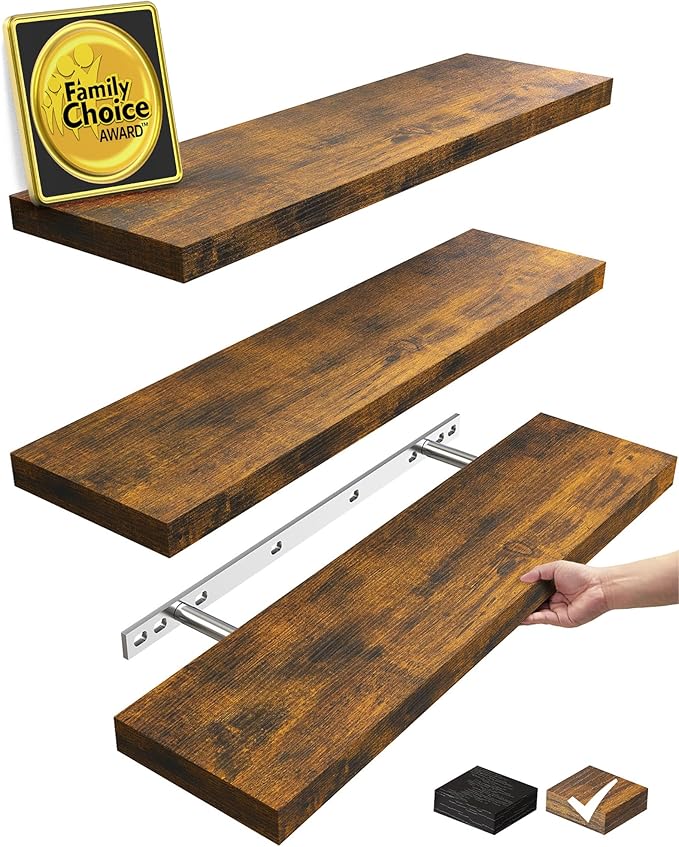 BAYKA Floating Shelves for Wall, 22.5 inches Wall Mounted Rustic Wood Shelves for Bathroom, Bedroom, Living Room, Floating Shelves for Books/Storage/Decor(Rustic Brown,Set of 3)