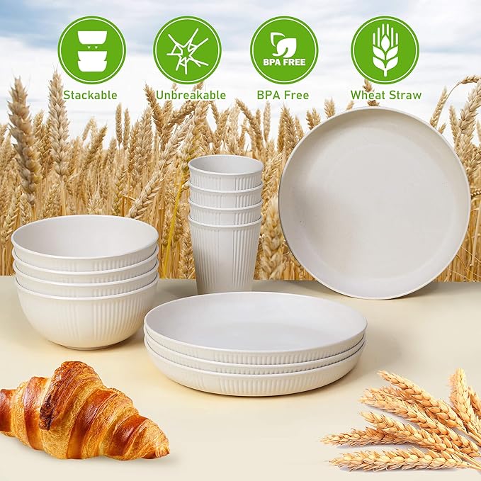12pcs Wheat Straw Dinnerware Sets for 4, Kitchen Unbreakable Wheat Straw Plates and Bowls Sets for College Dorm Apartment Reusable Beige