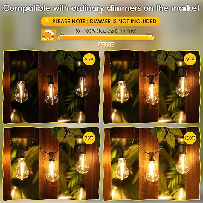 200FT(2x100FT) Outdoor String Lights, LED Patio Lights with 83 Waterproof Shatterproof A39 Dimmable Bulbs(3 Spare) for Balcony-2 Pack Black