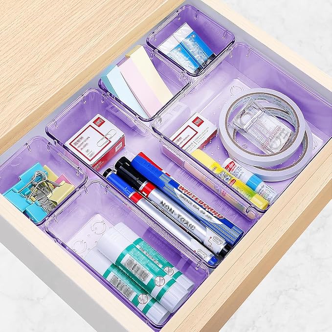10 PCS Drawer Organizer Set, 4 Varied Size Bathroom and kitchen Drawer cabinet organizer Trays, Clear Storage Bins for Makeup, Jewelry, Utensils and Gadgets, Purple