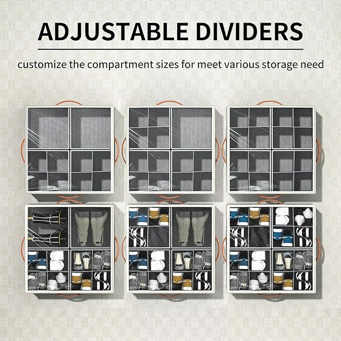 Aokeyee Shoe Organizer for Closet,2 Pack Foldable Shoe Storage Organizer Box Bin with Adjustable Dividers and Clear Cover, Fits up to 16-32 Pairs (Beige and Grey)