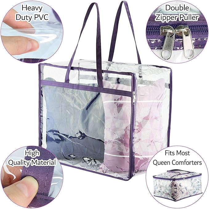 Clear Vinyl Zippered Storage Bags (3-Pack) 40L Sturdy Storage Bags for Sweaters, Blankets, Comforters, Bedding Sets and Much More! (Purple, 18x15x9)