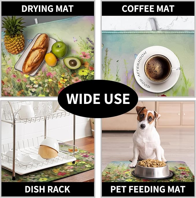 Spring Floral Dish Drying Mat for Kitchen Counter 16x18 Inch Sage Green Wild Flowers Drying Mats Spring Summer Plant Microfiber Absorbent Dish Rack Pad for Coffee Bar Sinks Home Accessories