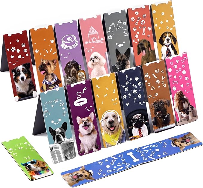 ABSOFINE 15PCS Magnetic Bookmarks, 3.1" Cute Dogs Large Size Magnetic Page Clips Bookmark, 15 Designs Pet Dogs Waterproof Sturdy Bookmarks for Kids Women Book Lovers