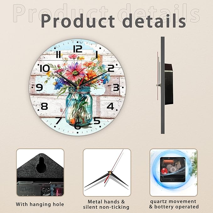 Watercolor Spring Flower Wall Clock, Vintage Wooden Silent Non-Ticking Battery Operated with Arabic Numerals, Decorative for Kitchen, Office, 10 Inch